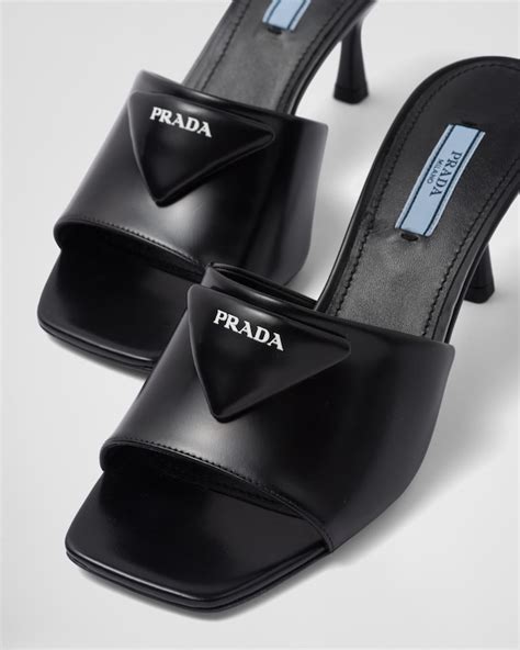 prada brushed leather mid-heeled slides|prada platform sandals.